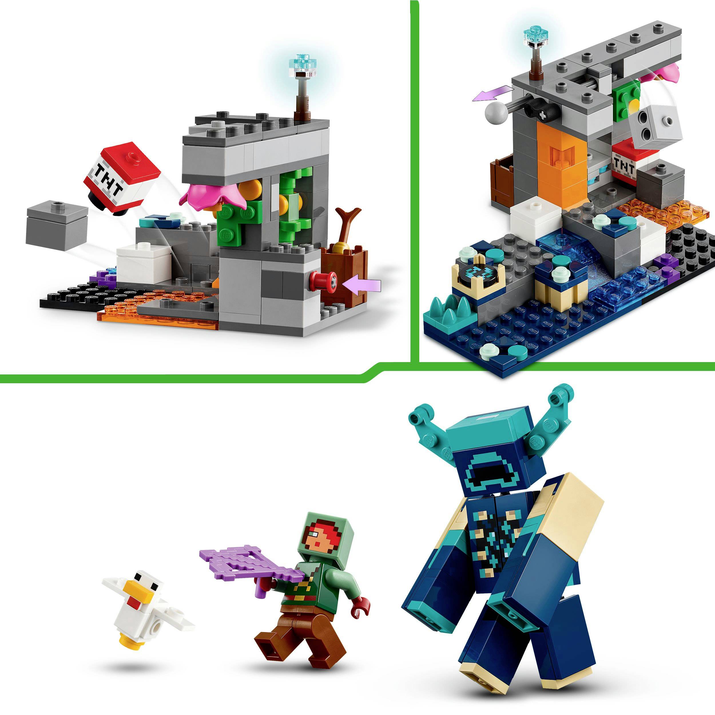 Et Lego-sæt med figurer fra et fantasy-spil. To scener viser bygværker, der fremstiller eventyrhandling med Lego-karakterer.