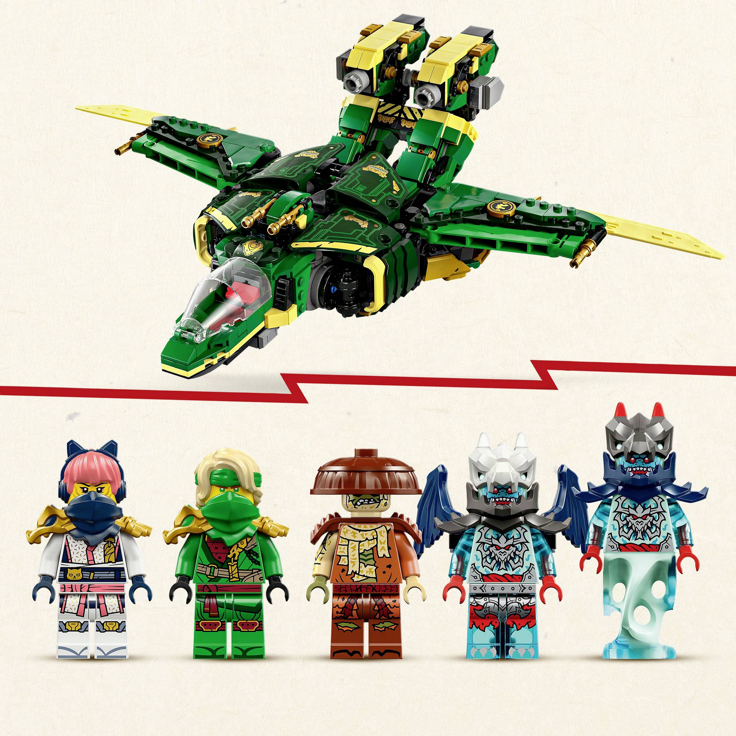 Billedet viser en grøn LEGO-rumfærge med gule detaljer i flyvning og fem forskellige LEGO-figurer med farverig tøj og tilbehør.