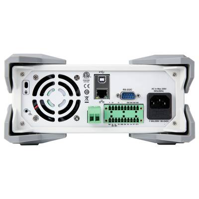 Bagside af en teknisk enhed med ventilator, RS-232C-port, strømstik og grøn klemme til yderligere tilslutninger.