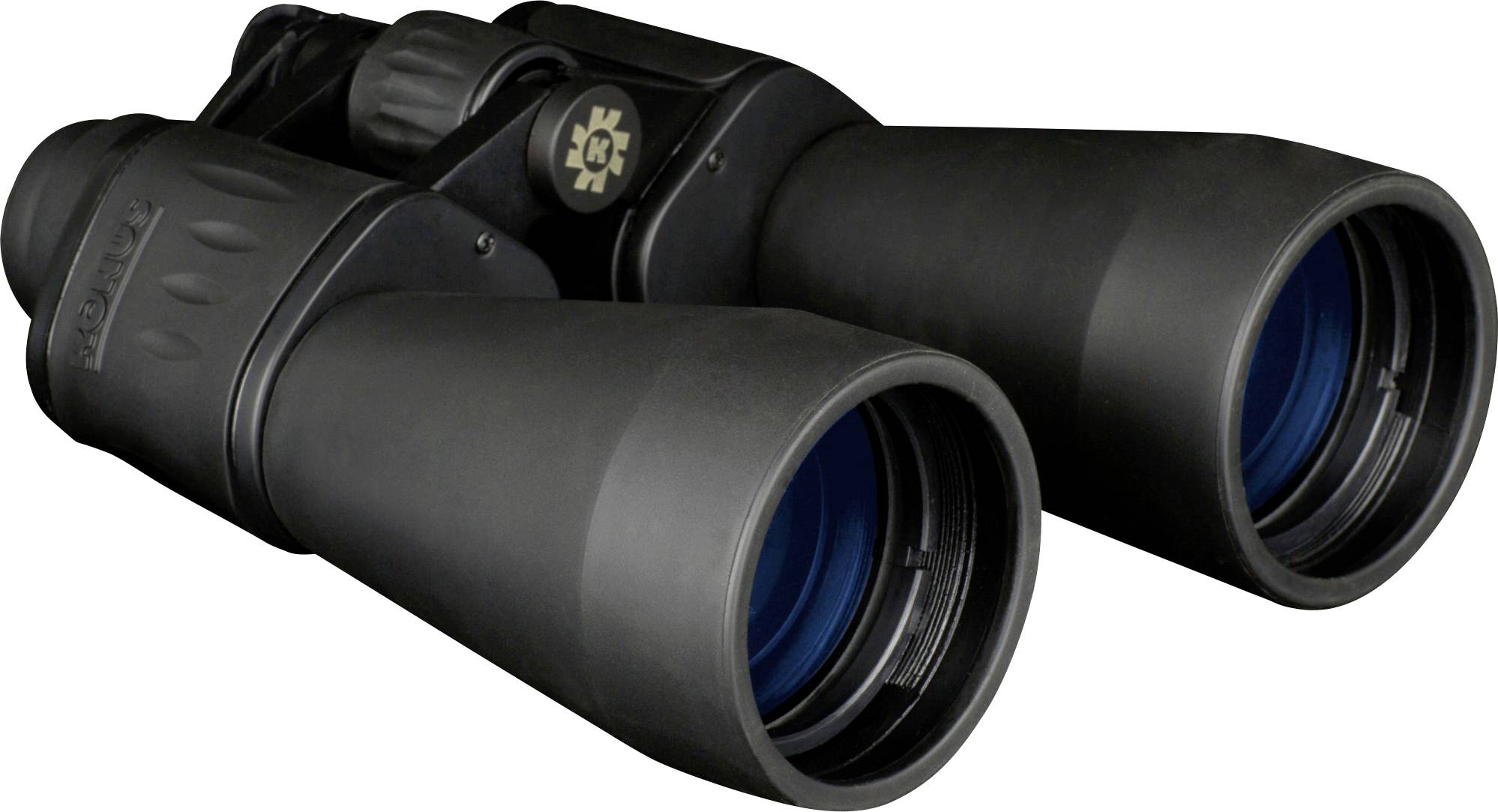 Et sort kikkert med blå linser ligger på en hvid overflade. Den er klar til at observere fjerne objekter.