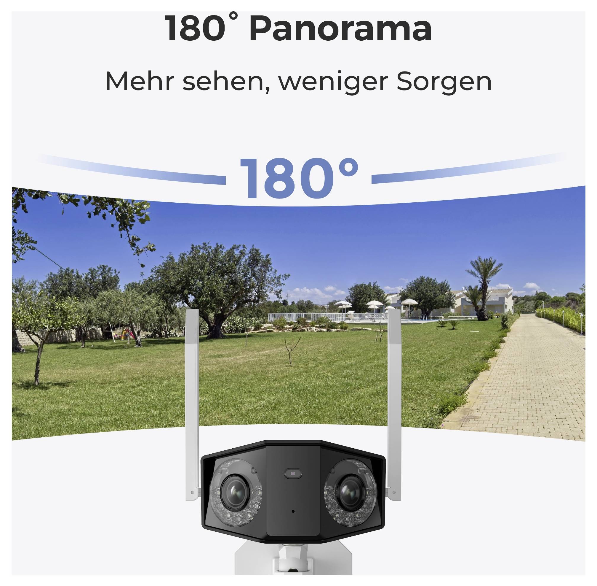 Kamera med 180°-panoramaudsigt i en havelandskab, tilbyder rundskuelig oversigt. Tekst: 'Se mere, bekymr dig mindre'.