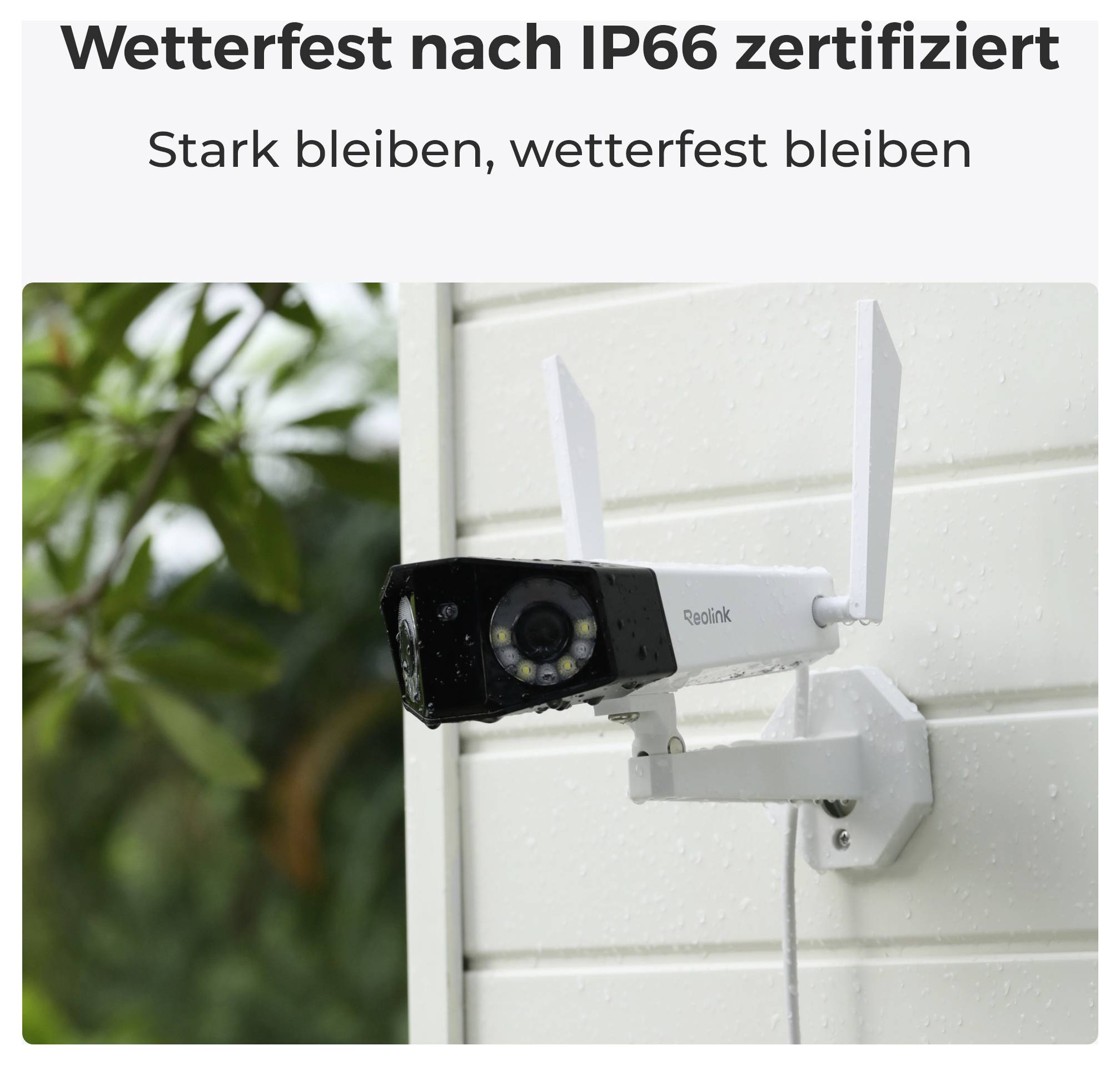 Overvågningskamera monteret på en væg; tekst 'Vejrbestandig certificeret efter IP66 - Bliv stærk, bliv vejrbestandig'.