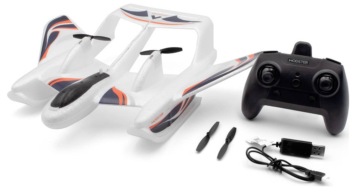 Fjernstyret modelfly med fjernbetjening, to reservepropeller og USB-opladerkabel. Perfekt for begyndere.