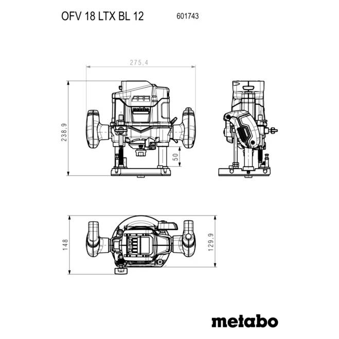 Teknisk tegning af en Metabo OFV 18 LTX BL 12 værktøj, der viser for-, side- og topviews med angivne dimensioner.