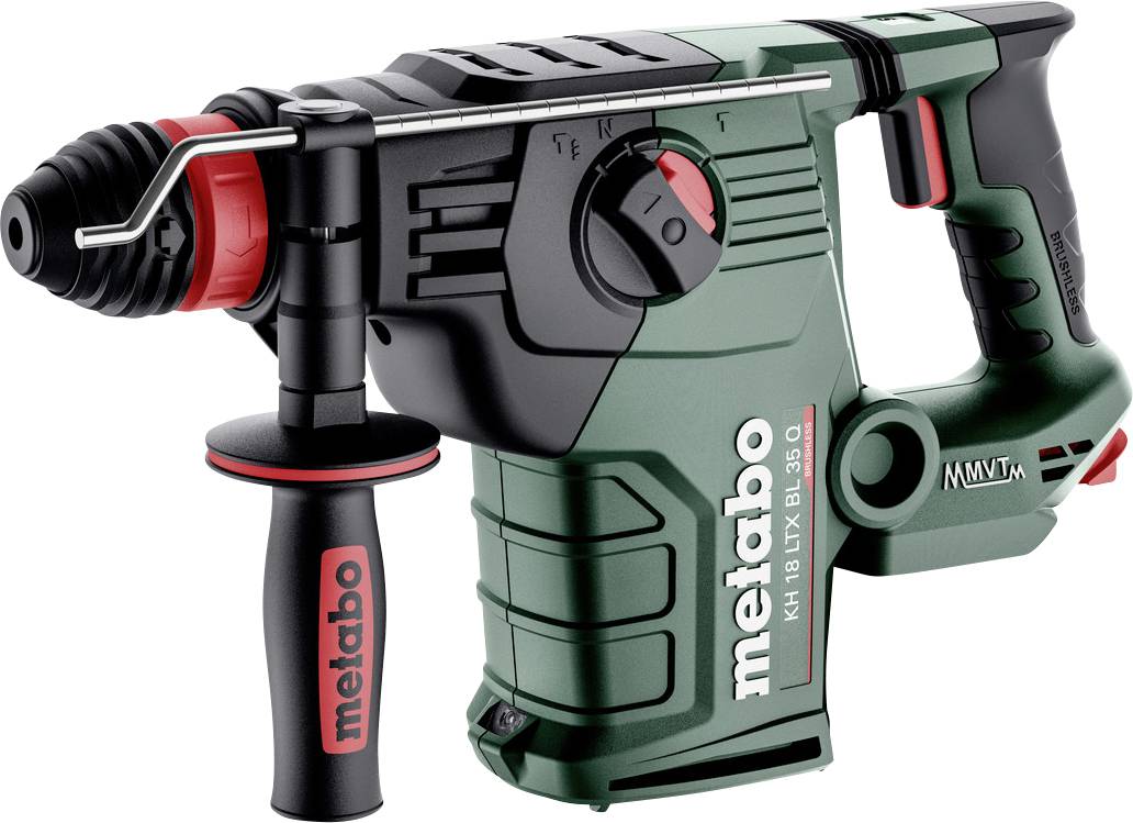 Grøn og sort Metabo trådløs rotationshammer med sidehåndtag og dybdestop, vist på hvid baggrund.
