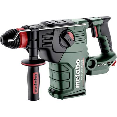 Grøn og sort Metabo trådløs rotationshammer med sidehåndtag og dybdestop, vist på hvid baggrund.