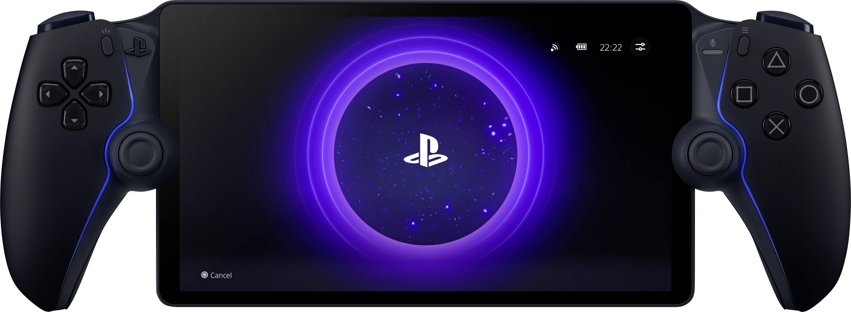 Et bærbart gaming-apparat med to controllere viser PlayStation-logoet på en skærm med en blå og violet cirkel.
