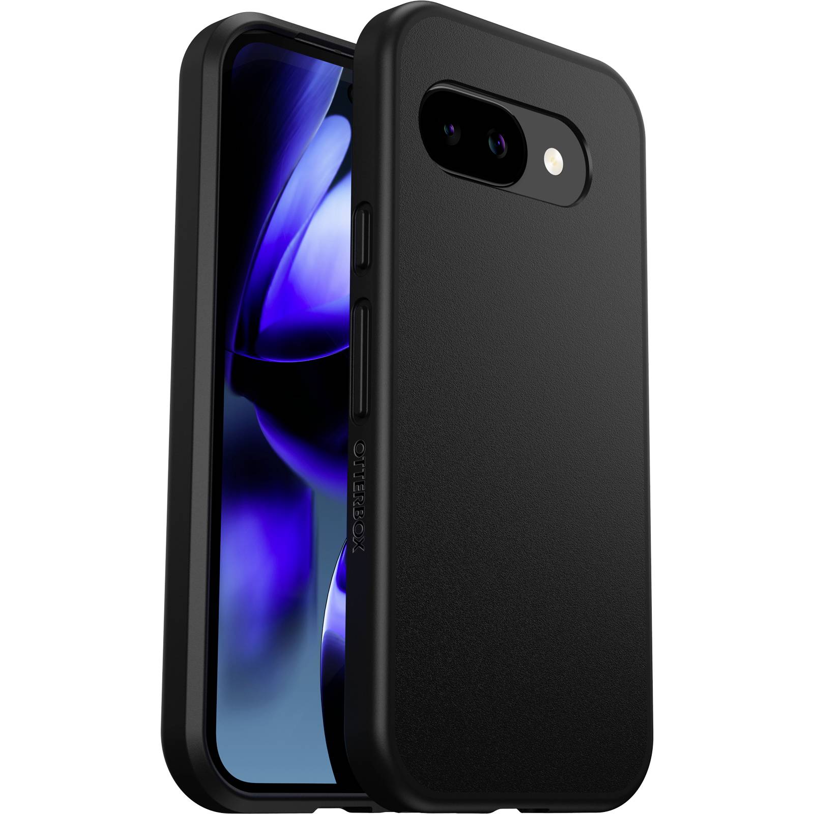 En smartphone i en robust sort cover, set skråt bagfra, viser displayet med blå lysende accenter.