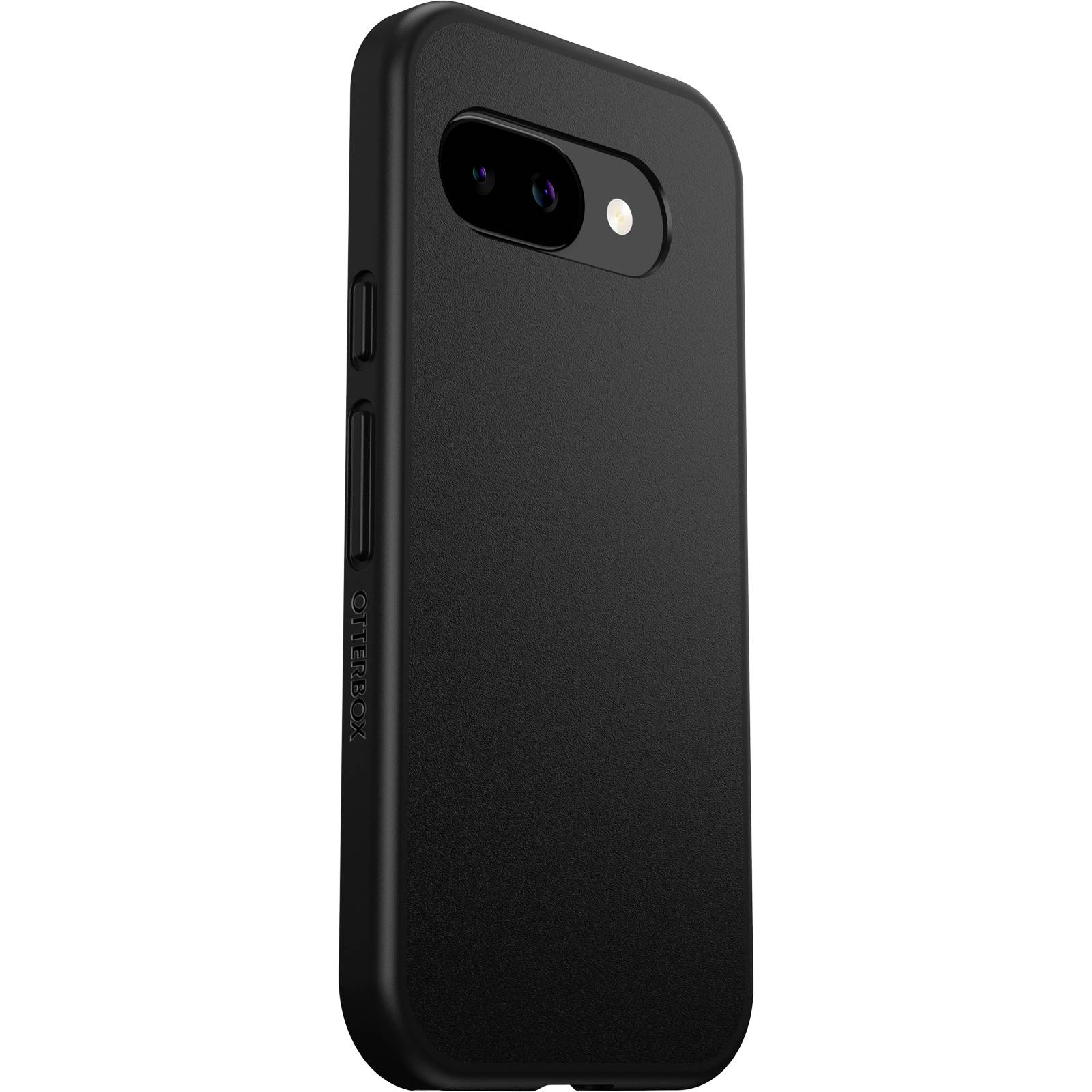 En sort smartphone i et beskyttende etui med synlig kamera og volumeknapper i siden.
