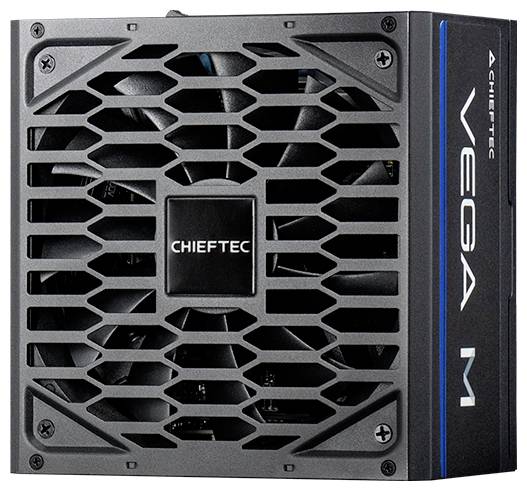 Strømforsyning fra Chieftec, model 'Vega M', sort farve med ventilationsgitter, blå accent på siden. Egnet til pc'er.