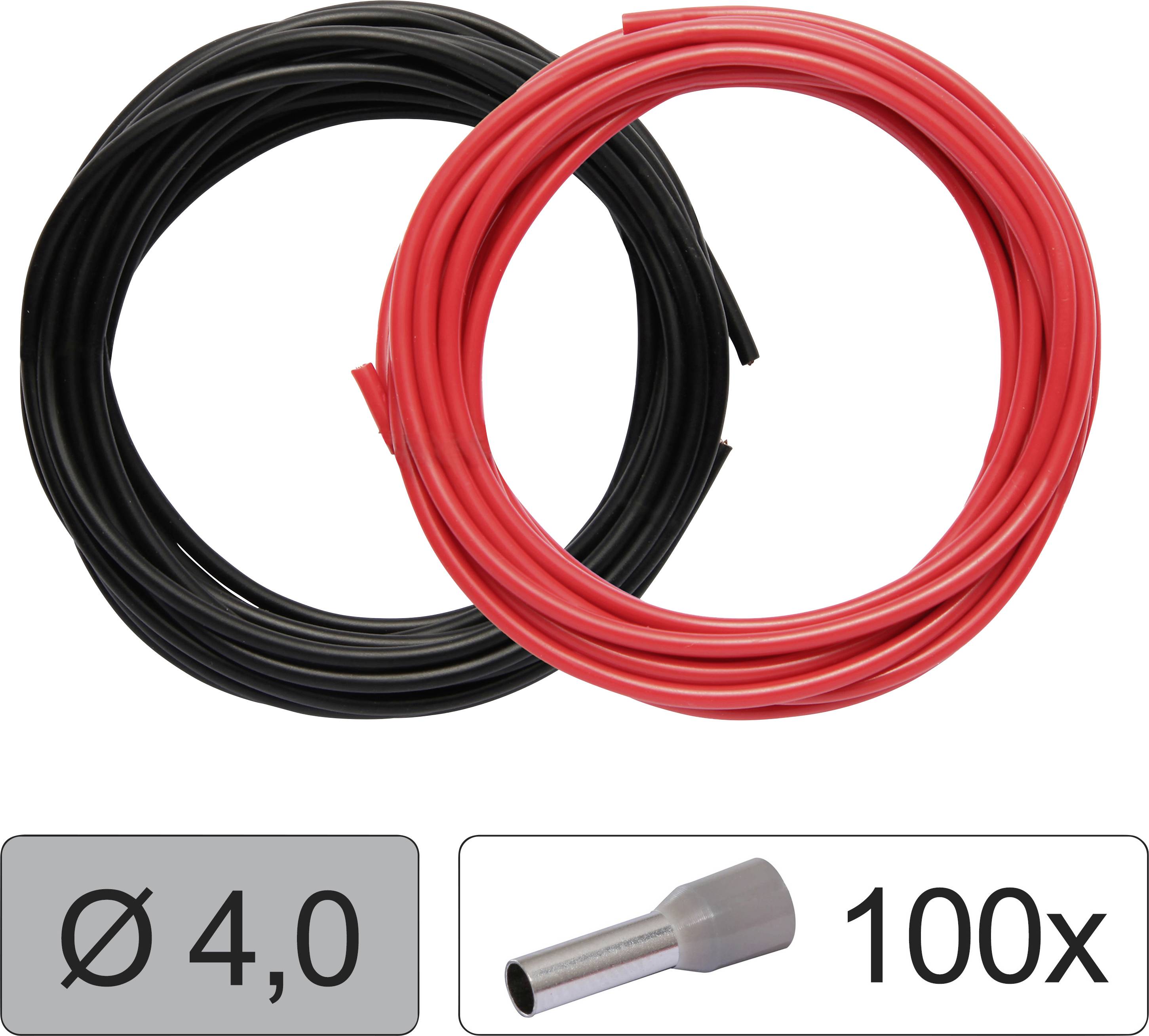To kabel, ét sort, ét rødt, med en diameter på 4,0 mm, og 100 ledningsendehylstre vist nedenfor.
