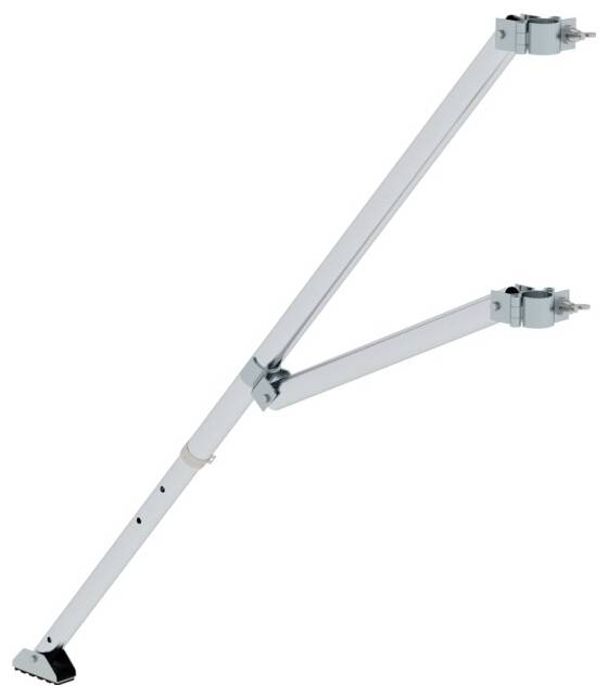 En hvid, justerbar metalvinkelholder med to hængsler og en fod, egnet til fastgørelse eller stabilisering af objekter.