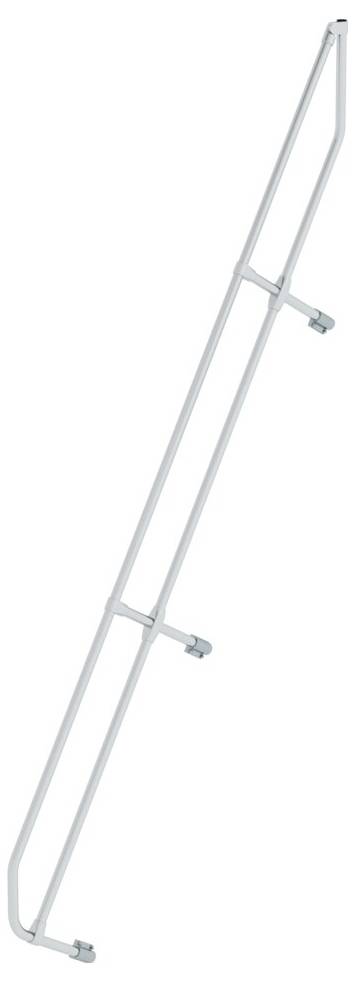 Enkelt, hvidt metalrækværk, placeret på skrå, med beslag til fastgørelse på en væg eller trappe.
