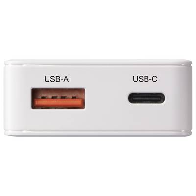 En hvid elektronisk enhed med to porte: en USB-A på venstre side med en orange indvendig del, og en USB-C på højre side.