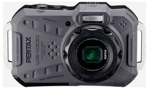 Grå udendørs kamera fra Pentax, model WG-1, stødsikkert og vandtæt, med markant objektiv i midten.