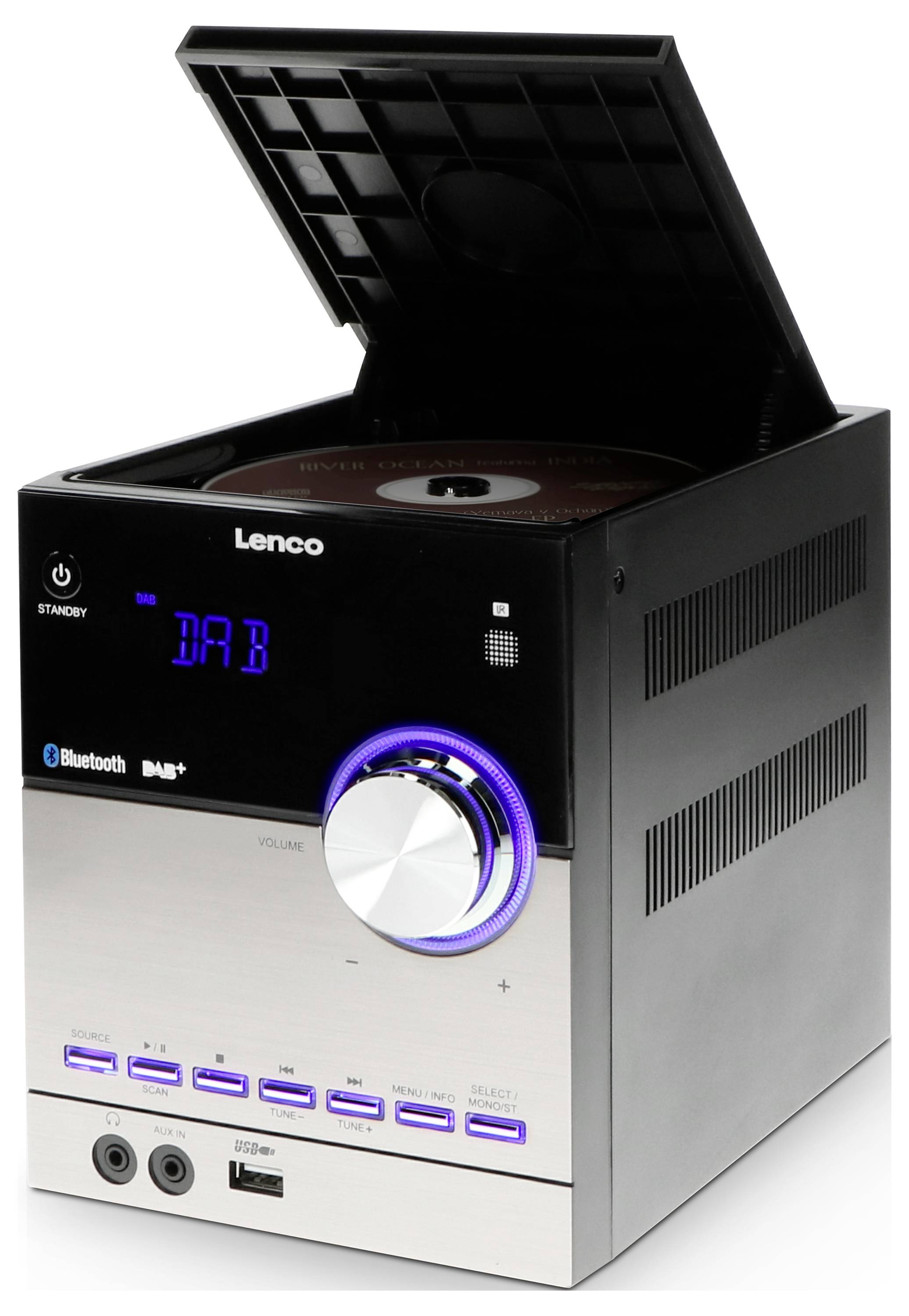 Et digitalt lydapparat med Bluetooth, CD-slot og drejeknap til lydstyrkeregulering. Displayet viser 'DAB'.