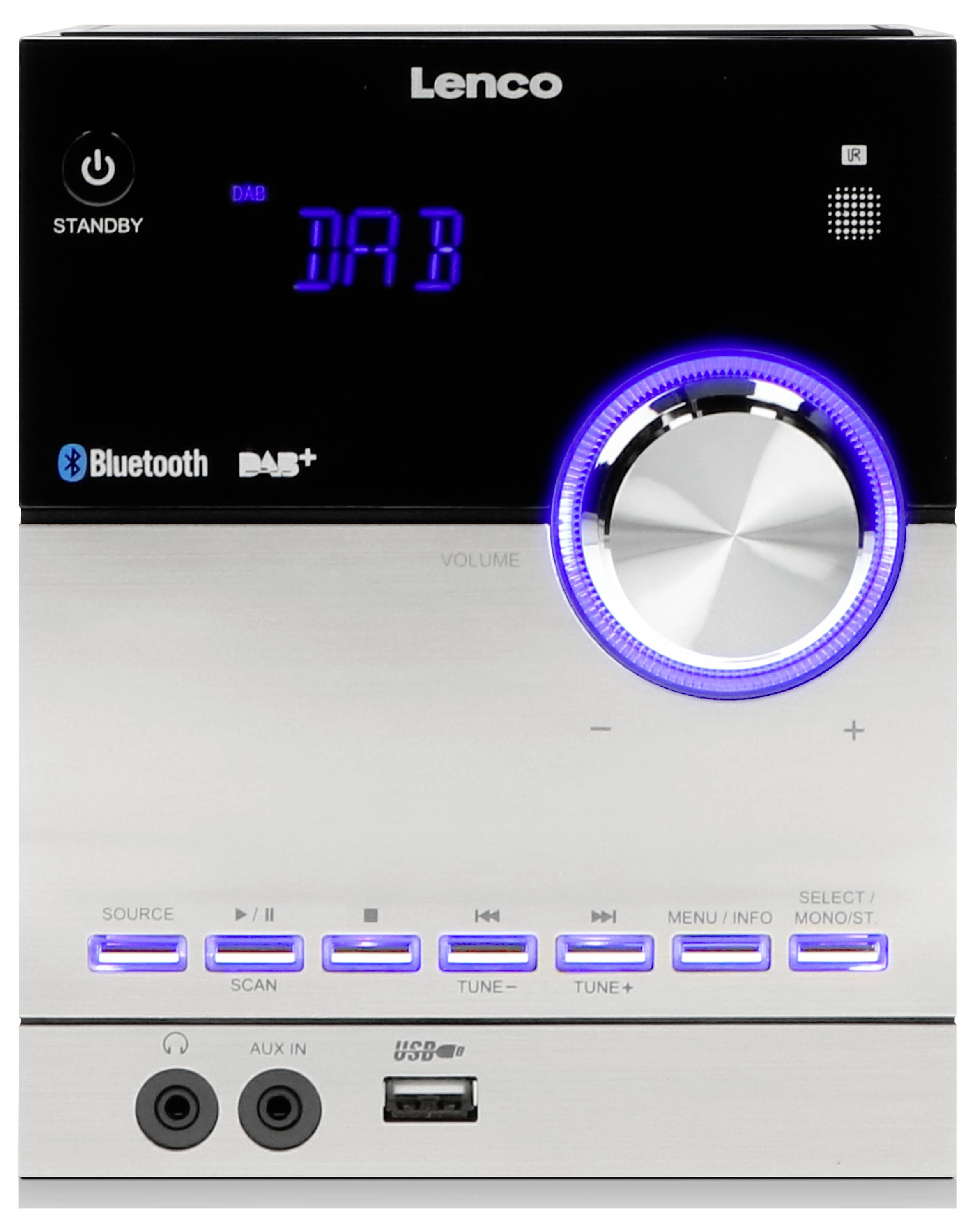 Kompakt stereoanlæg fra Lenco med DAB-radio, Bluetooth, volumenkontrol, flere betjeningselementer og tilslutningsmuligheder.
