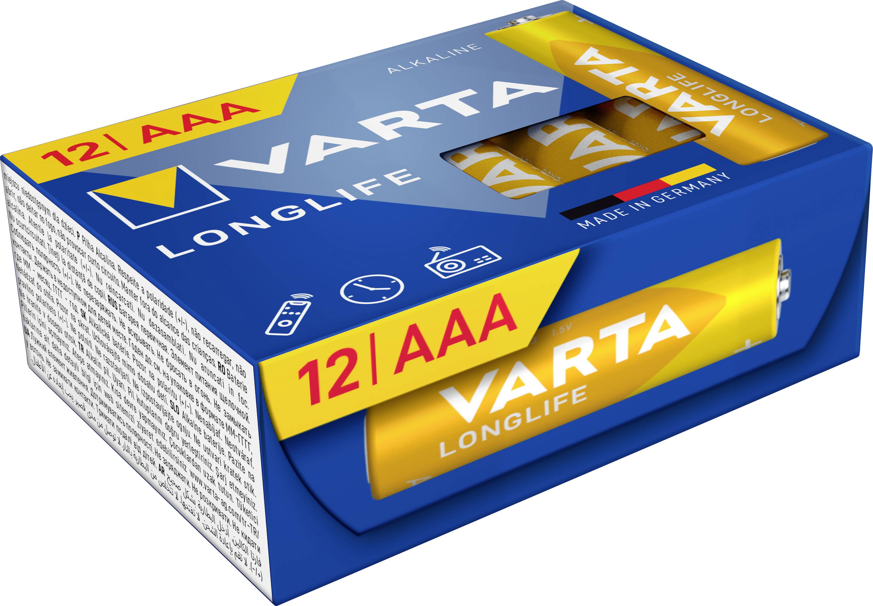 VARTA Longlife AAA-batterier i blå emballage, 12 stk., til enheder som kameraer og fjernbetjeninger. Fremstillet i Tyskland.