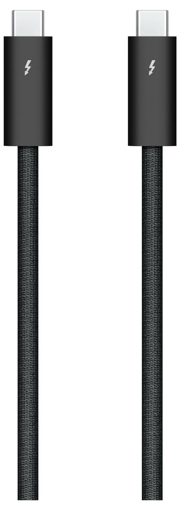 Sort USB-C-kabel med Thunderbolt-symboler på begge stik, egnet til hurtig dataoverførsel og opladning.