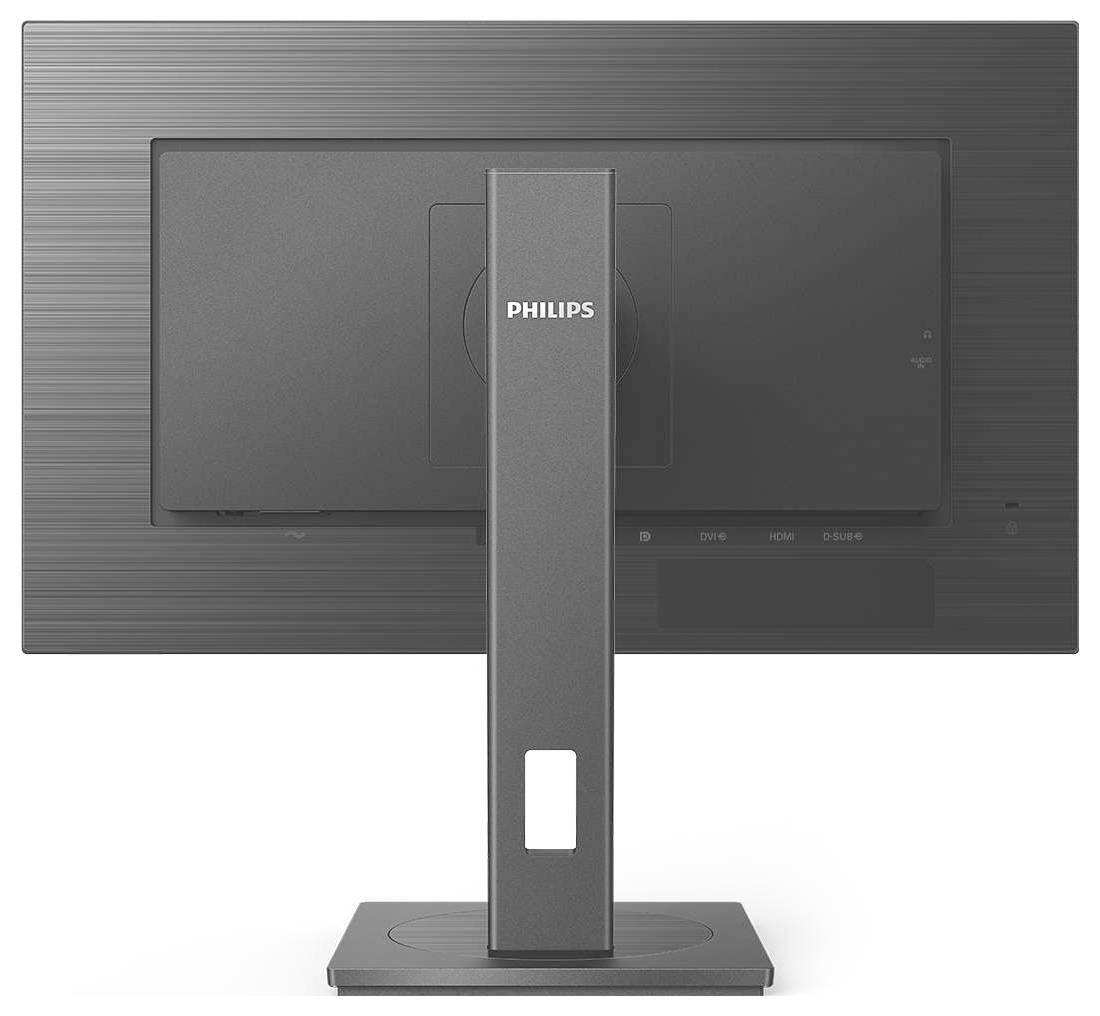 En computermonitor set bagfra, uden mærke, med en enkelt, rektangulær fod og struktureret kabinet.