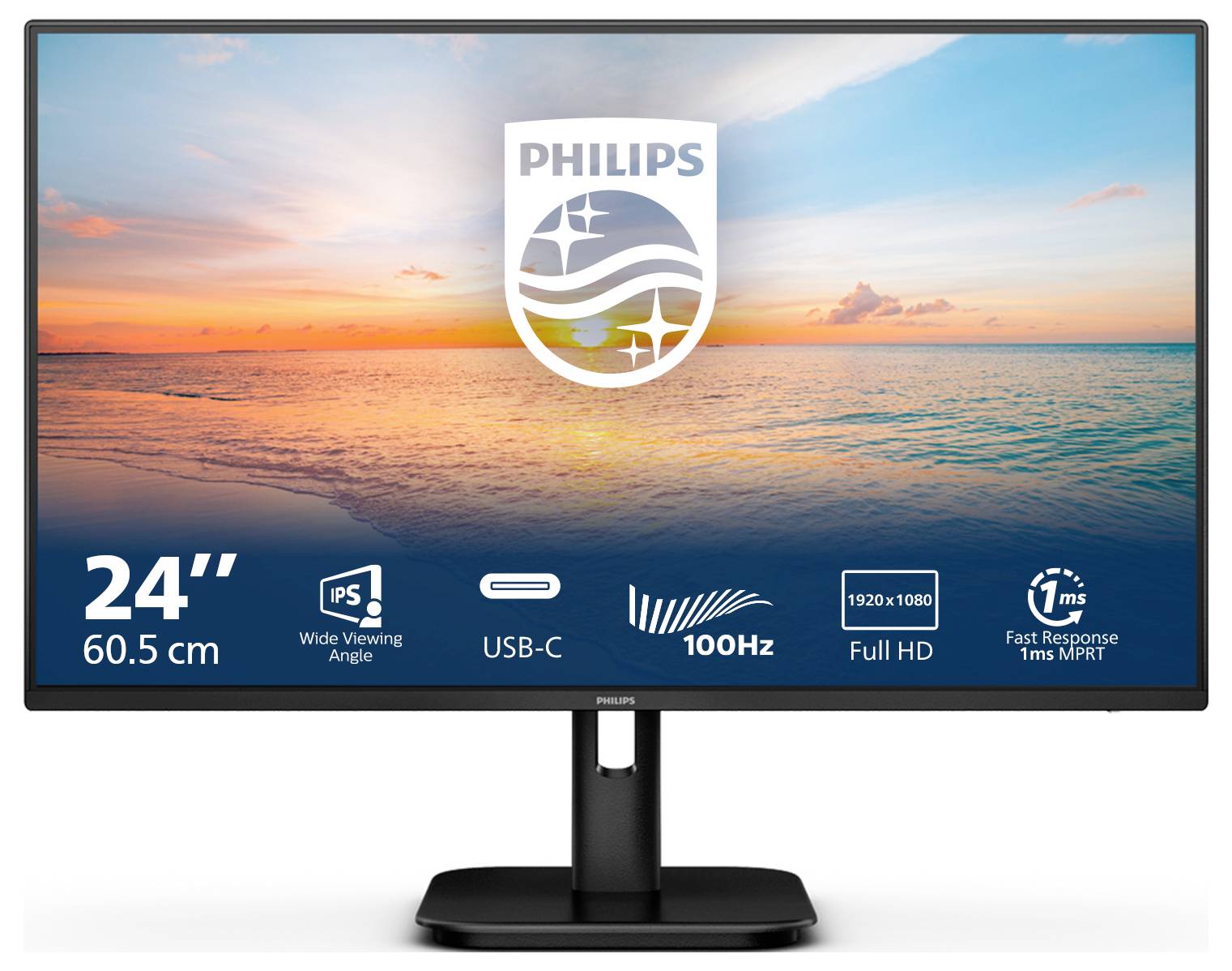 24" Philips-skærm med IPS, USB-C, 100 Hz, Full HD, hurtig reaktionstid. Solnedgang og havmotiv i baggrunden.