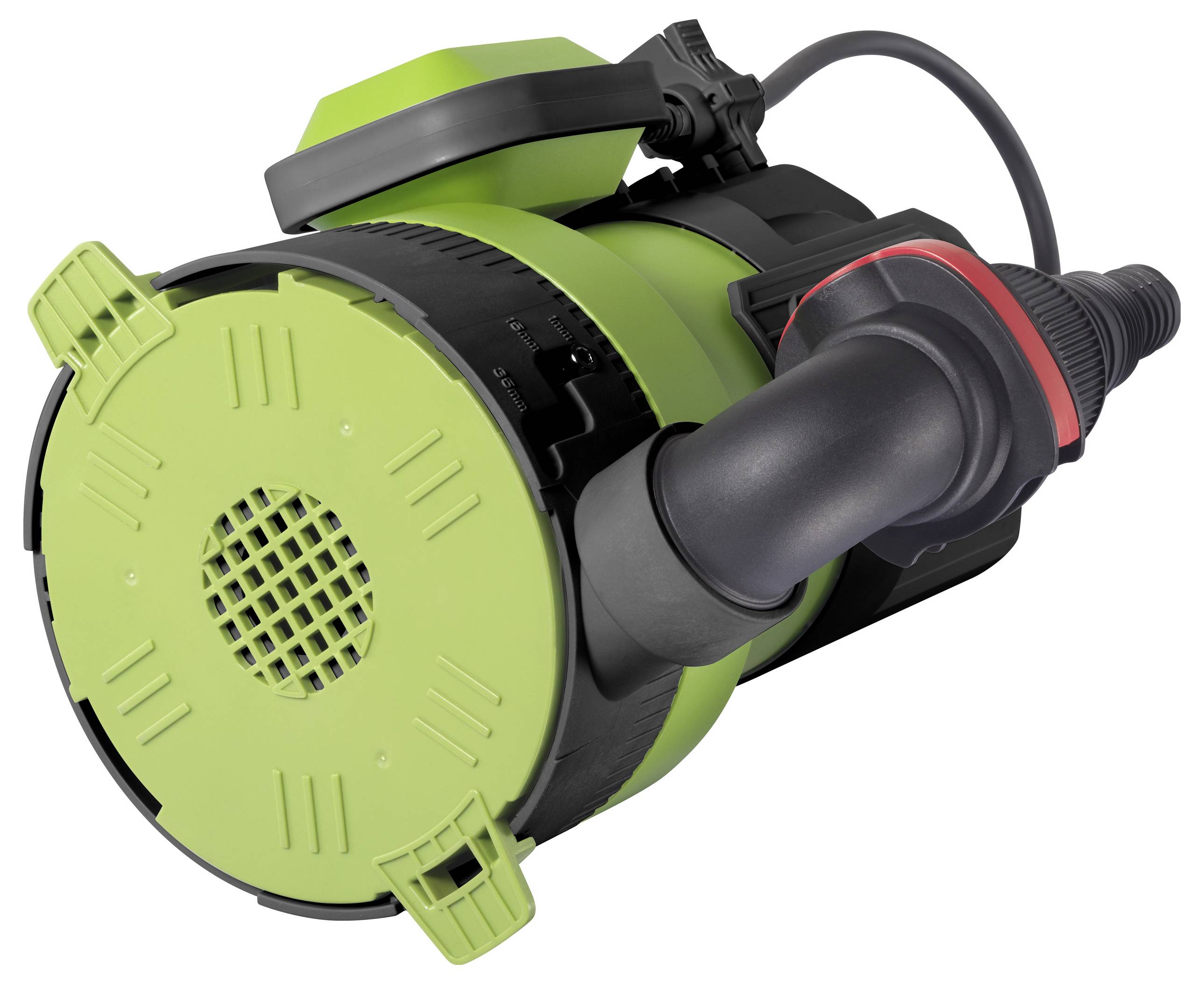 En grøn dykpumpe med sort slangeforbindelse og bærehåndtag. Den er robust bygget og designet til vandtransport.