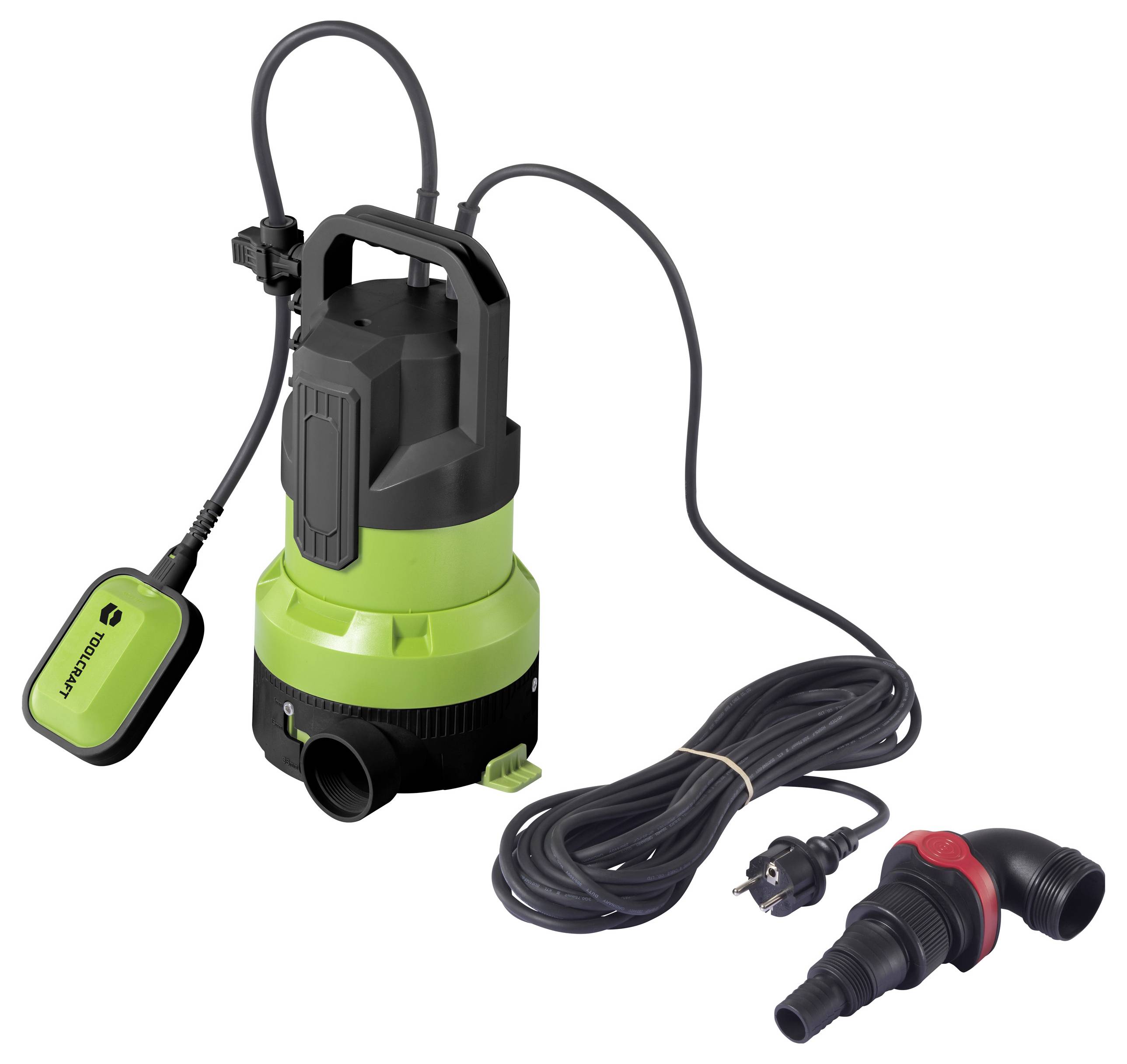 En grøn dykpumpe med kabel og stikforbindelse, egnet til vandafledning.