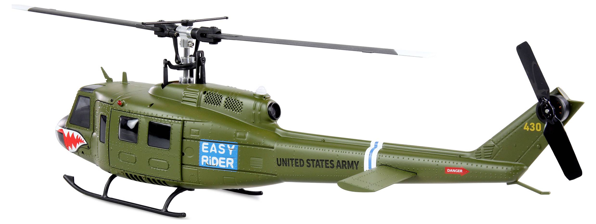 Legetøjsmodel af en grøn militærhelikopter med 'Easy Rider'-klistermærke og US Army-mærker.