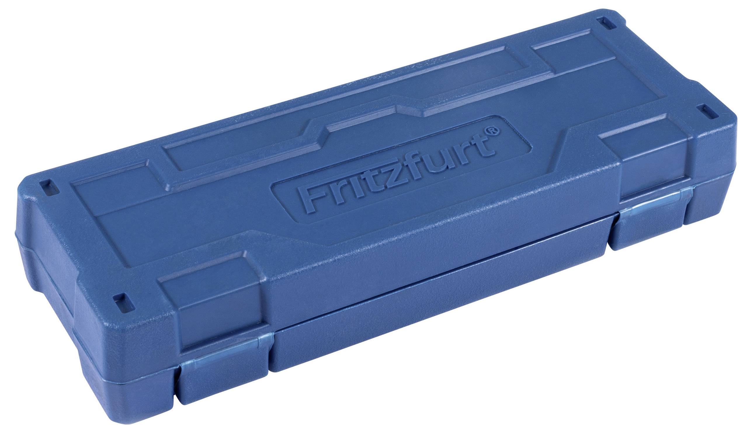 En lukket, rektangulær blå plastikværktøjskasse med en struktureret overflade og et centralt 'Fritzfurt' logo påstøbt låget.