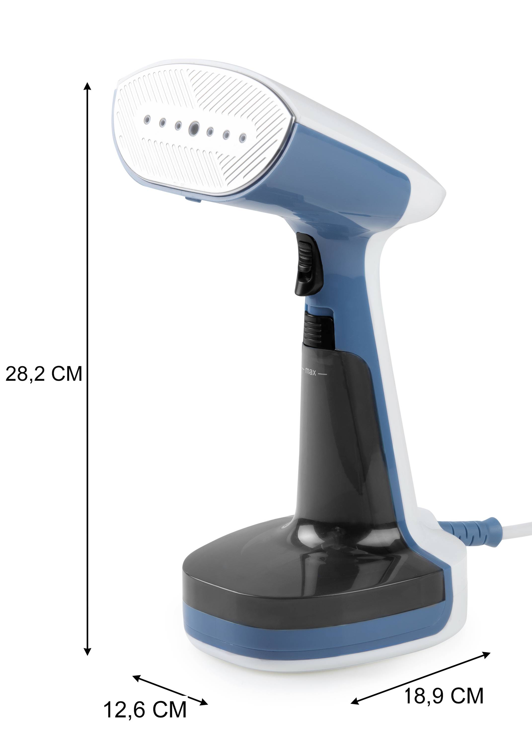 Håndholdt dampstrygejern i blå-hvid med sorte detaljer. Højde 28,2 cm, bredde 12,6 cm, dybde 18,9 cm. Perfekt til at stryge tøj.