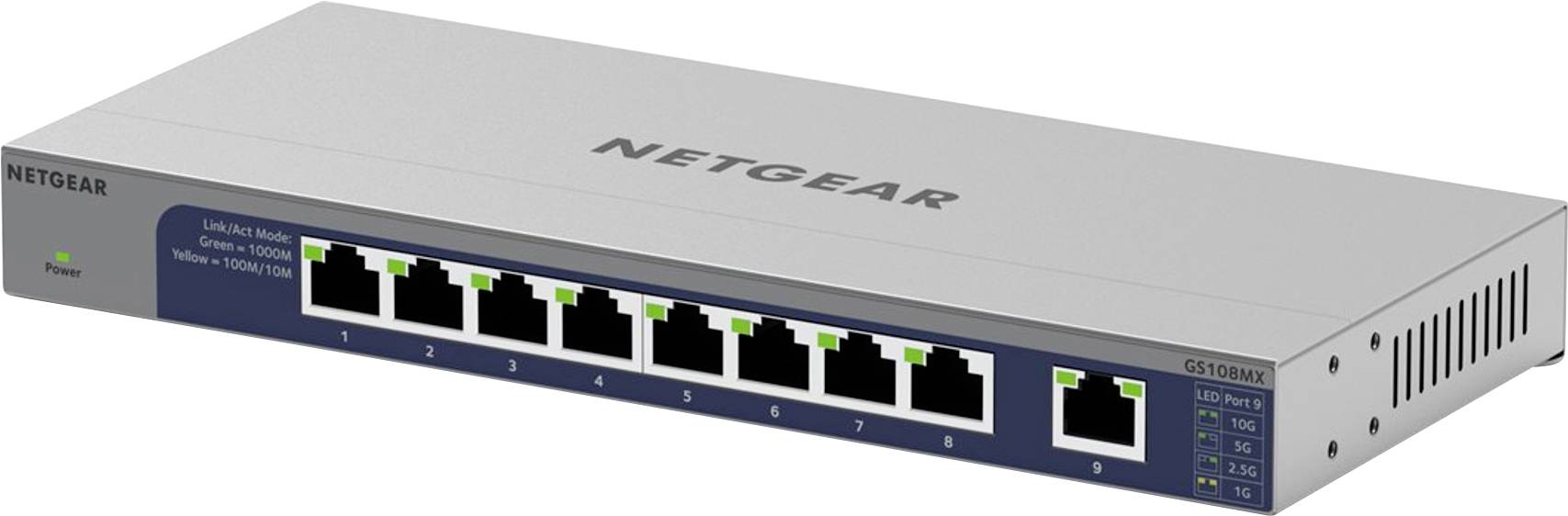 Netgear netværksswitch med otte Ethernet-porte og LED-indikatorer.