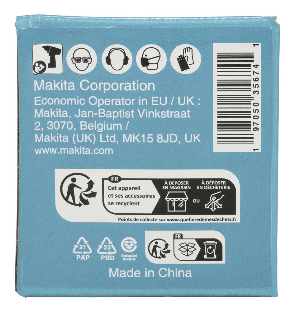 Bagsiden af en emballage med virksomhedsoplysninger fra Makita Corporation, genbrugssymboler og en bemærkning om bortskaffelse i Frankrig.