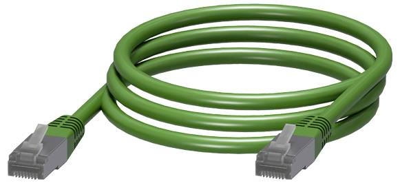 Grøn Ethernet-kabel med to stik, oprullet. Velegnet til netværksforbindelser.