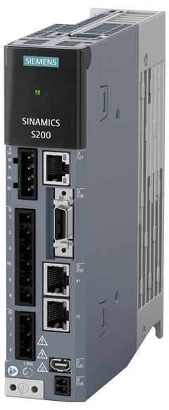 Elektronisk enhed 'SINAMICS S200' fra Siemens med flere tilslutningsmuligheder, herunder Ethernet- og USB-porte.