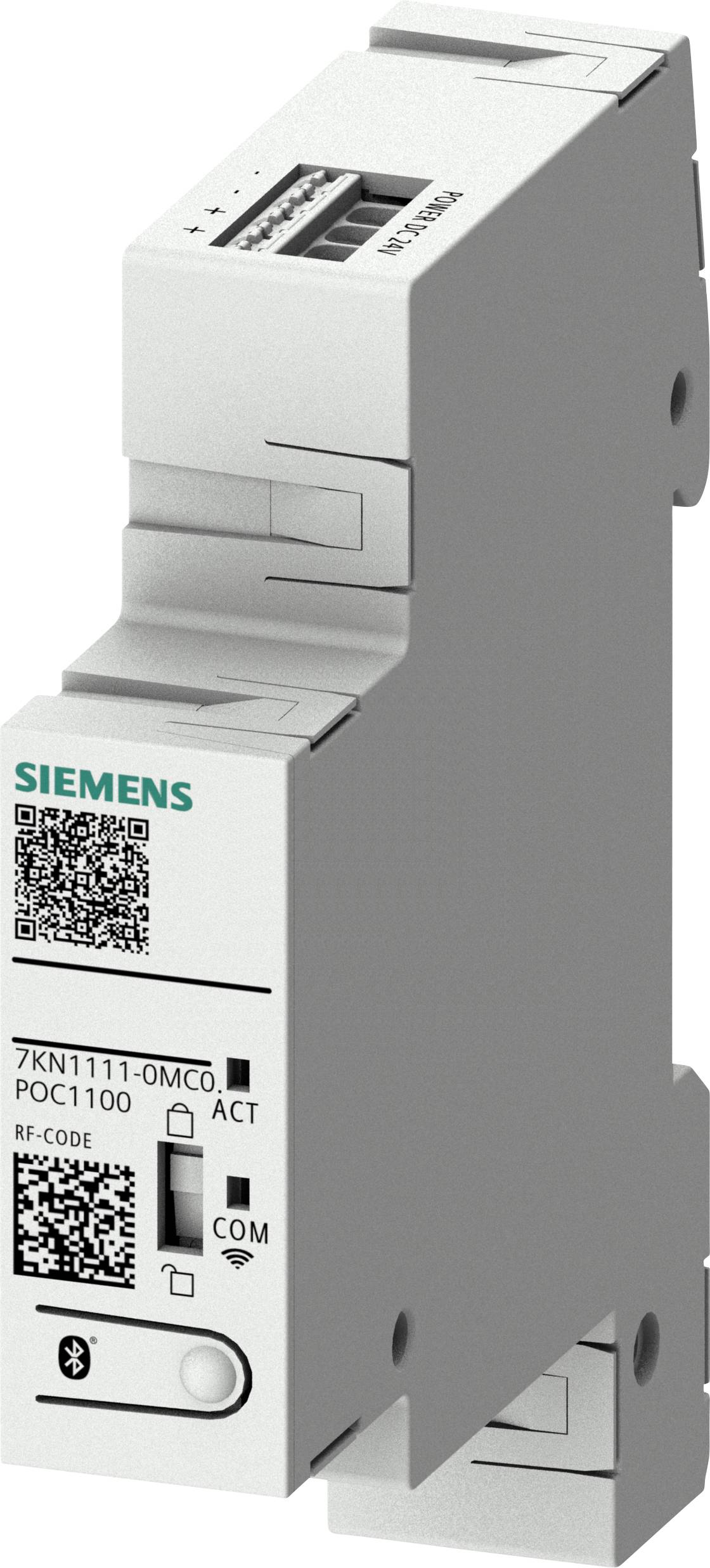 'En Siemens RF-Code POC1100-enhed, kompakt design, med synlige porte og indikatorlamper, med QR- og Bluetooth-symboler.'