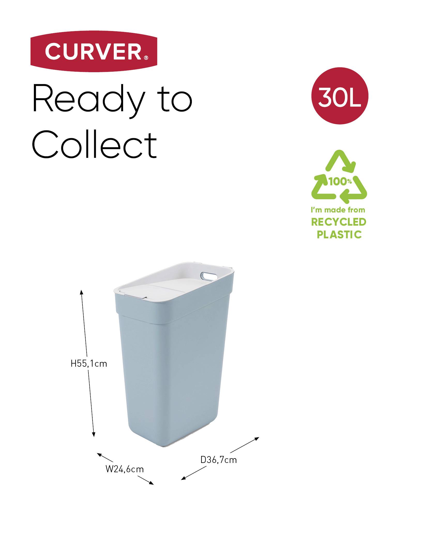 En blå skraldespand med en kapacitet på 30 liter, måler H55,1 cm x B24,6 cm x D36,7 cm og er fremstillet 100 % af genanvendt plast.