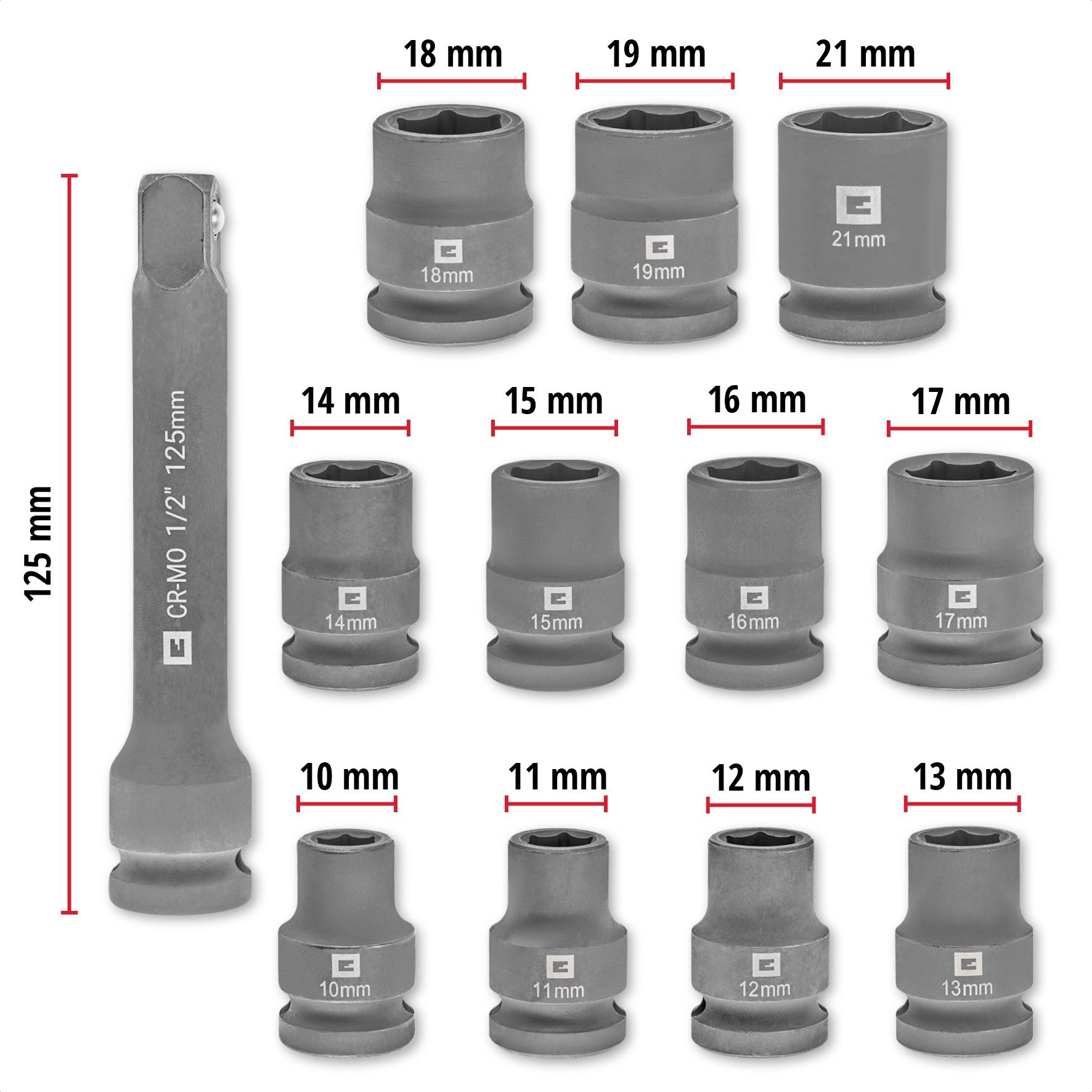 Illustration af et topnøglesæt med størrelser fra 10-21 mm og en forlænger på 125 mm. Hver topnøgle har sin størrelse markeret øverst.