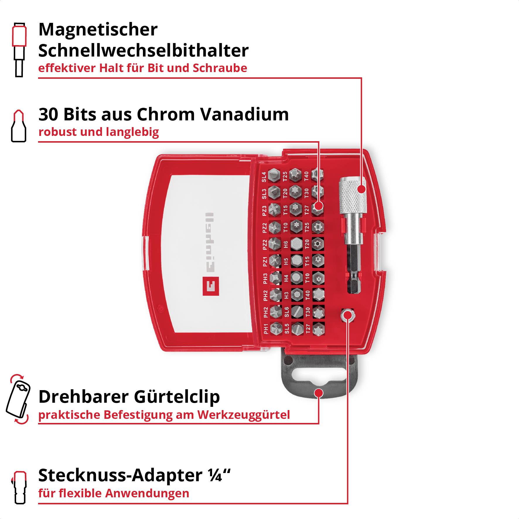 Et rødt bitsæt med magnetisk hurtigskifteholder, 30 bits fremstillet af krom-vanadium og en sokkeladapter. Inkluderer drejelig bælteclips.