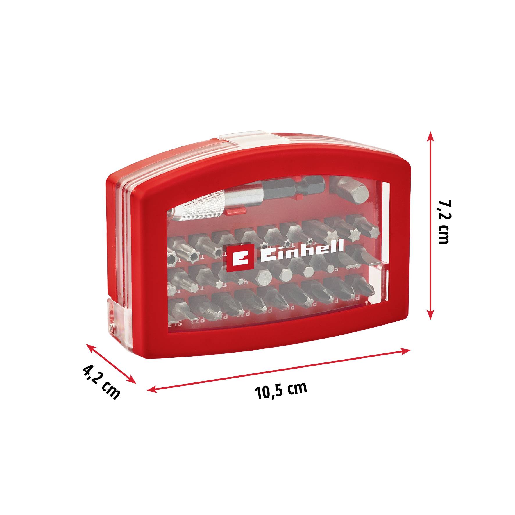 Et rødt borebits-sæt i en rektangulær æske med ca. 10,5 cm bredde og 7,2 cm højde. Indeholder forskellige bits. Mærke: Einhell.