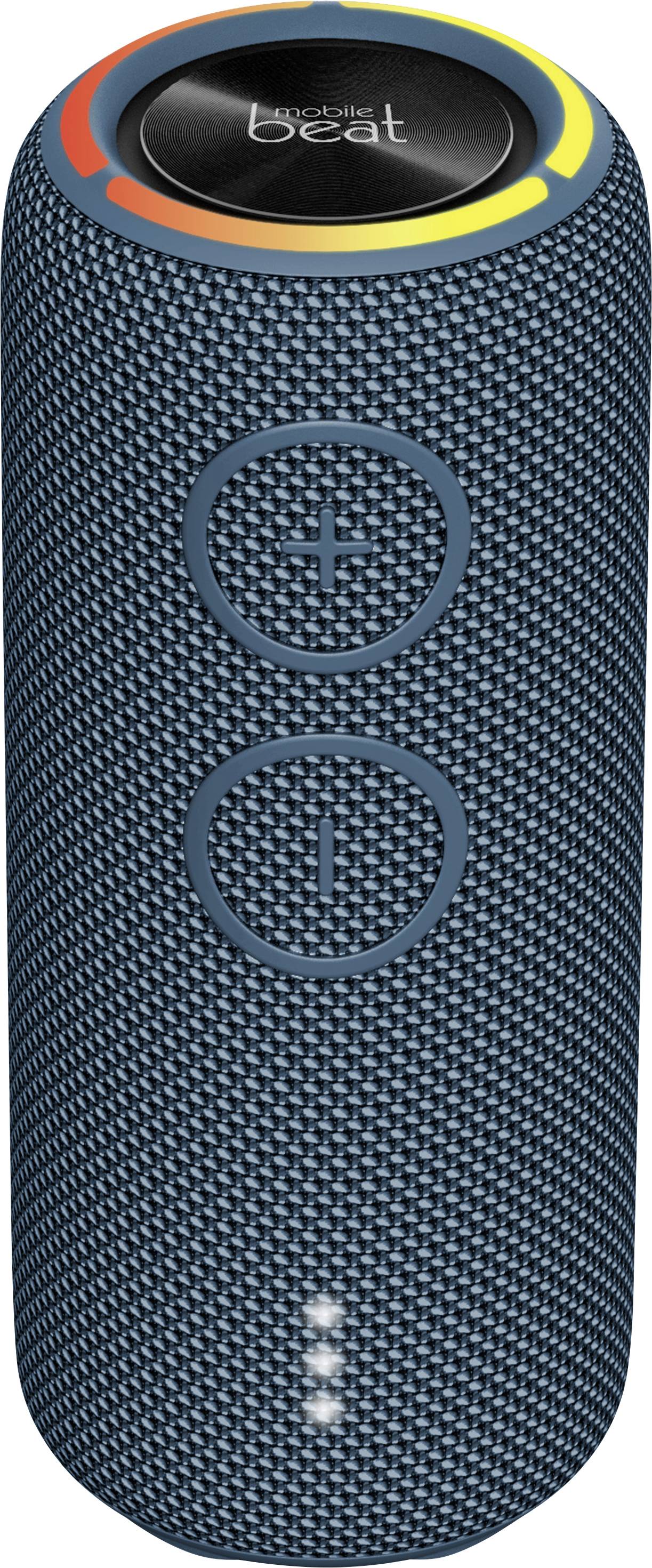 Bærbar, cylinderformet Bluetooth-højttaler i blå stofudseende med farvet LED-ring og volumenkontroller.
