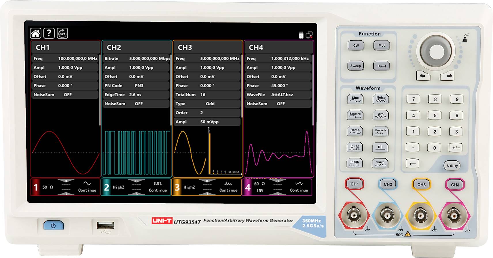 Fire-kanals funktion-/vilkårlig bølgeformgenerator. Viser forskellige bølgeformer og parametre på displayet.