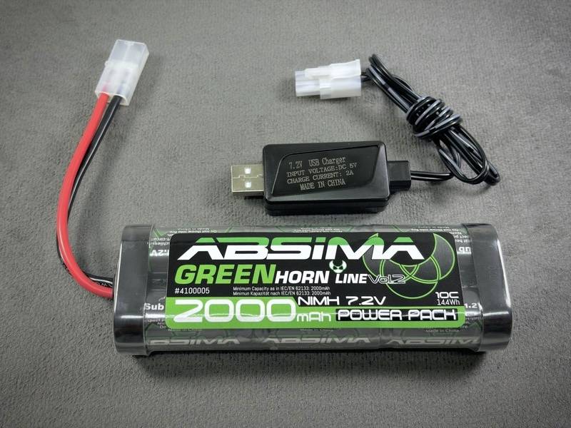 Batteri: 'Absima Greenhorn Line' 2000 mAh, 7,2V NiMH. Inkluderer USB-oplader.