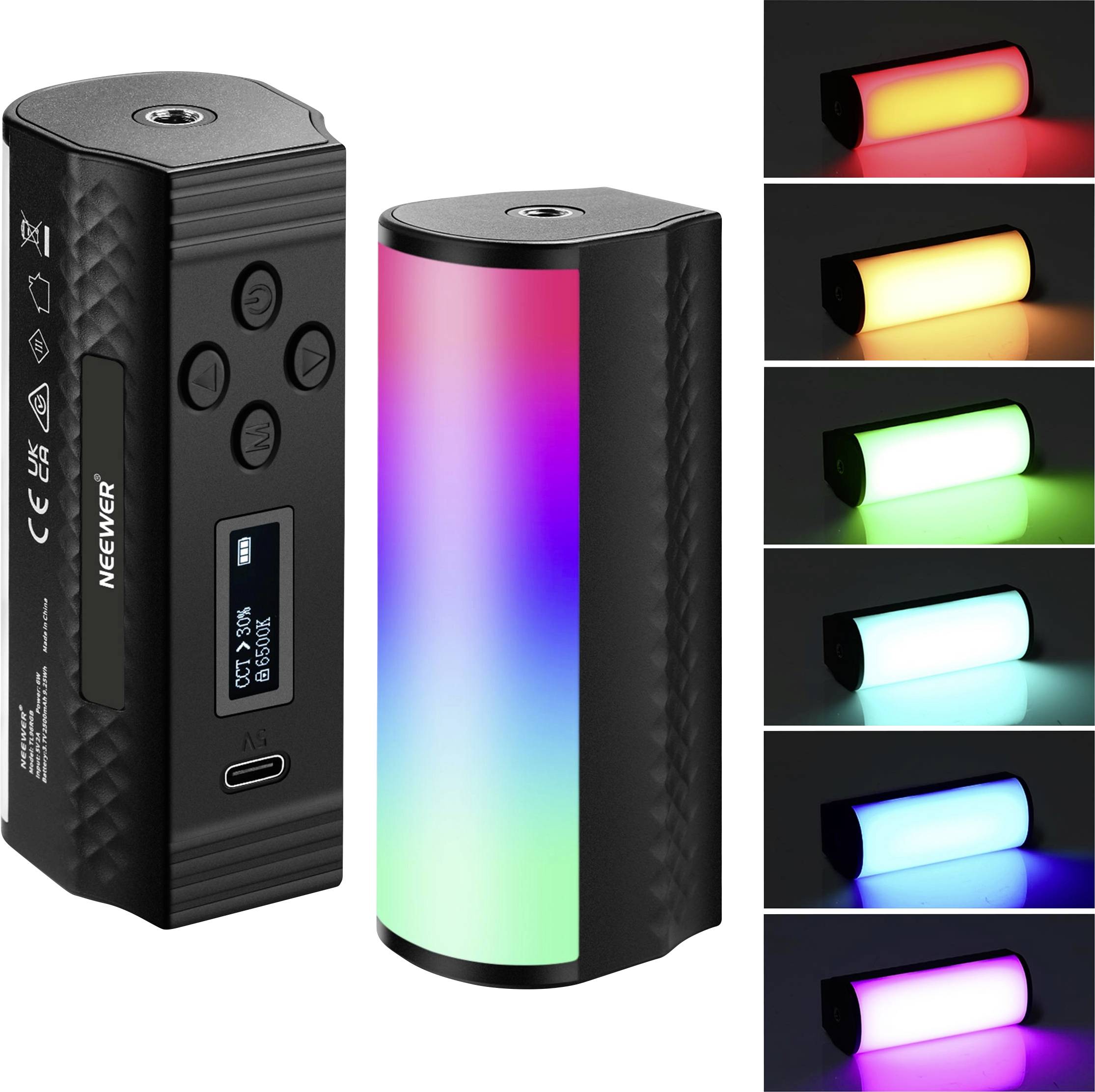 RGB LED-lampe med digitale kontroltaster og skærm på forsiden. Yderligere billeder viser lampen i forskellige farver.