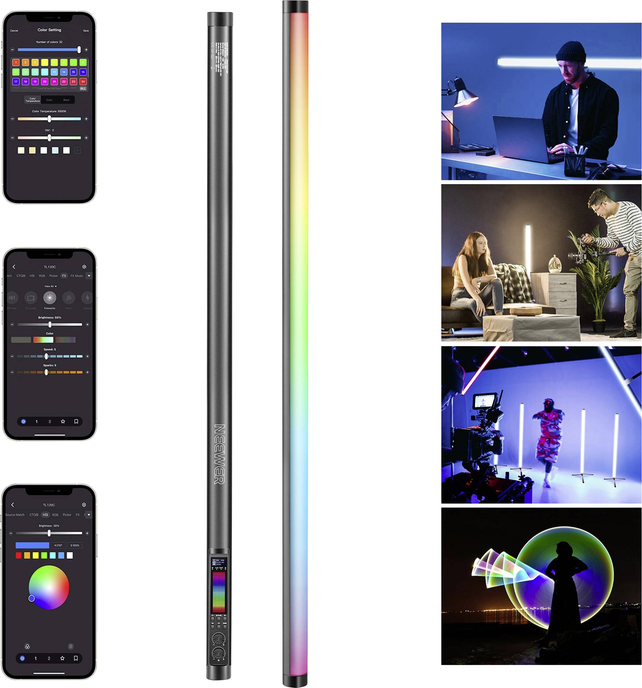 Smart LED-lysbjælke med app-styring. Viser farveændringsscenarier, der kreativt kan bruges i forskellige situationer.