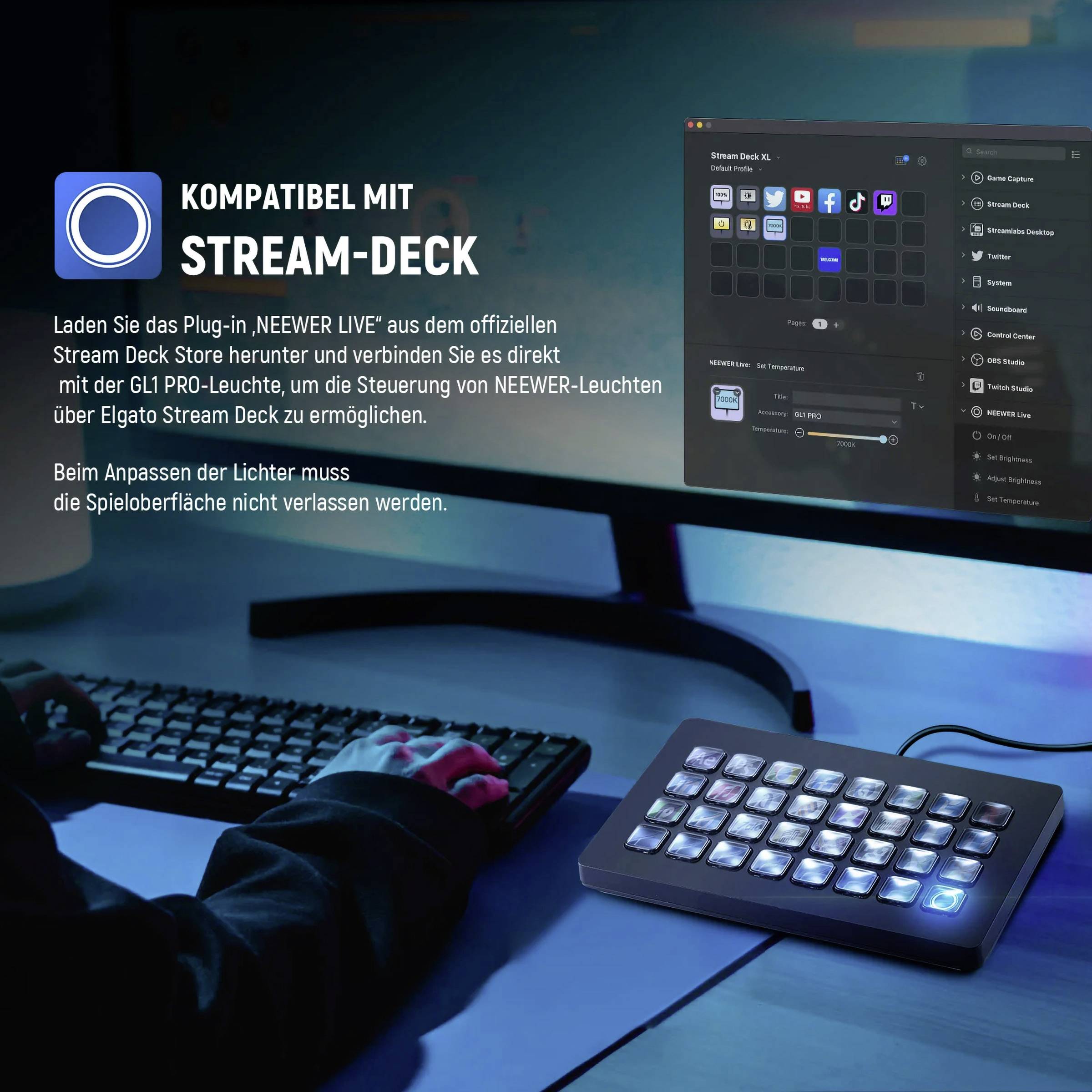 Et Stream Deck ligger på et bord, forbundet med en skærm. Teksten beskriver kompatibilitet med NEEWER-lamper.