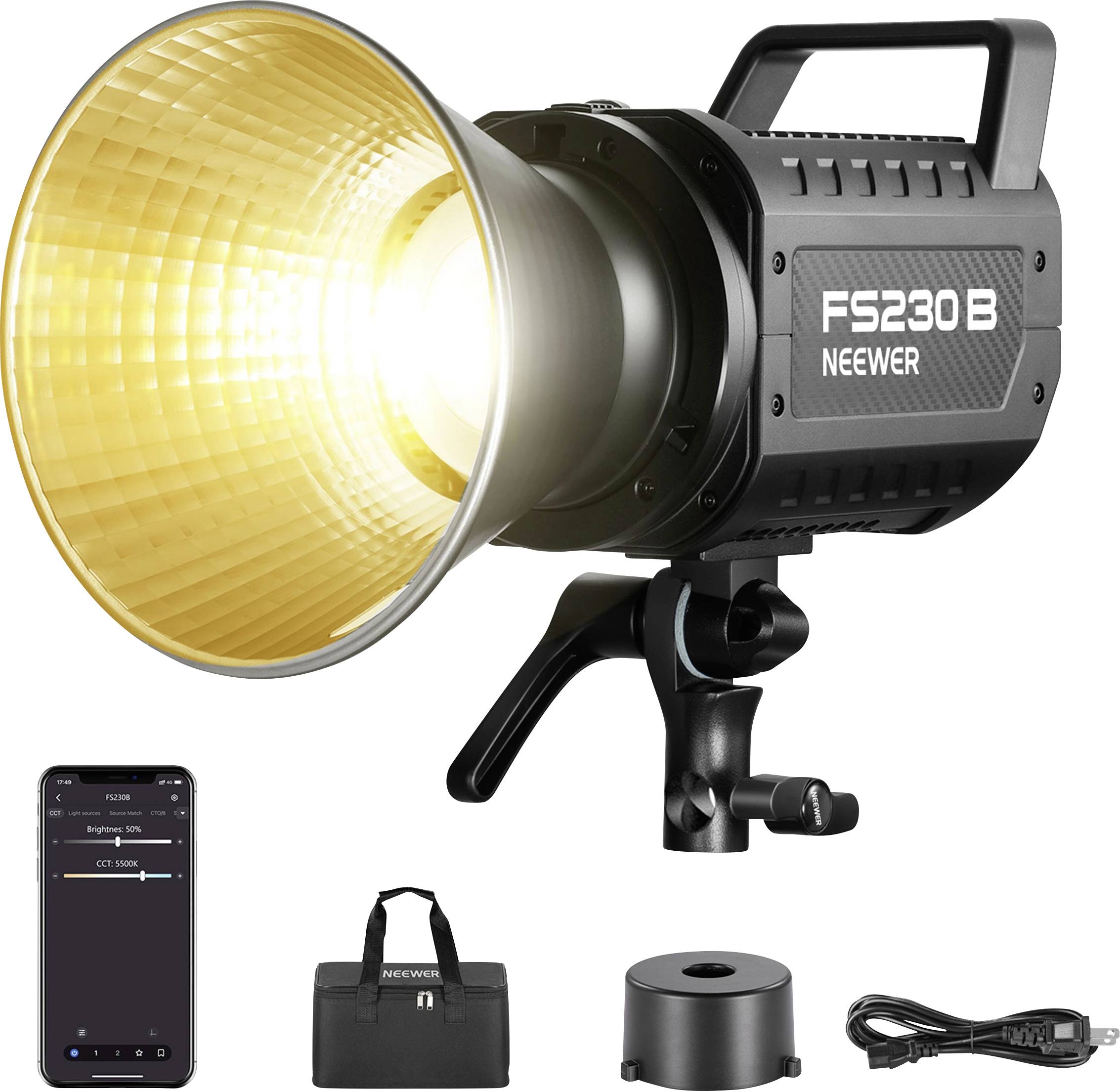 Neewer studielampe FS230B med bæretaske, kontrollerbar via smartphone-app, netdrevet.
