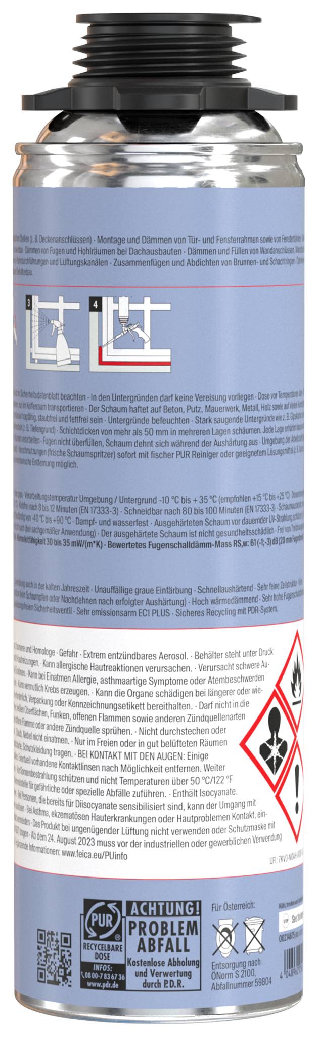 En sølvfarvet spraydåse med bluetiket og tysk advarselstext, inklusiv et faresymbol og 'ACHTUNG PROBLEM ABFALL' bortskaffelsesmeddelelse.