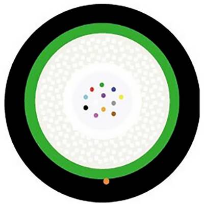 'Uden titel' af Damien Hirst viser en hvid cirkel med farverige prikker, omgivet af grønne og sorte ringe, som symboliserer indeslutning.
