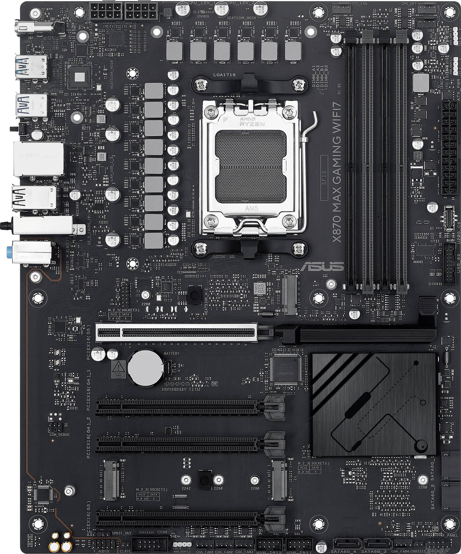 Et computer-bundkort viser forskellige stik, slots og chips. Synlige er RAM-slots og CPU-sokkel.