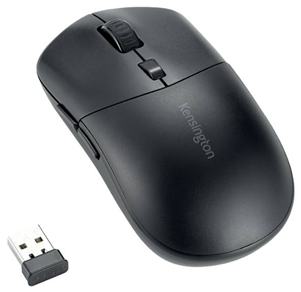 En sort, trådløs computer-mus med scrollhjul, varemærke på siden og en lille USB-modtager.